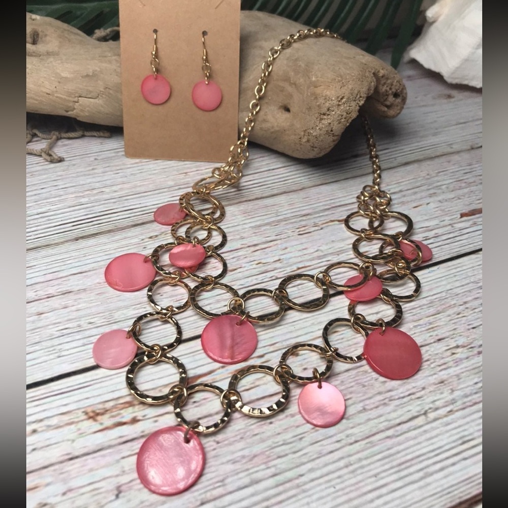 NEW! Flamingo Pink Mother of Pearl Shell Coins 2 Layer Gold Necklace & Earrings